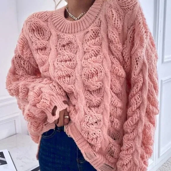 Chunky Knit Distressed Sweater Pink - Picture 2 of 6